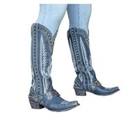 FGUJSUR Botas largas de vaquero competitivas for mujer, botines hasta la rodilla con remaches Retro Metal, tacón grueso, sin cordones, talla grande(Blue,44)