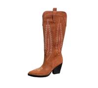 FGUJSUR Primavera otoño gamuza tacón alto grueso hasta la rodilla botas mujeres puntiagudas bordado decoración botines largos de vaquero(Brown,37)