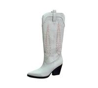 FGUJSUR Primavera otoño gamuza tacón alto grueso hasta la rodilla botas mujeres puntiagudas bordado decoración botines largos de vaquero(White,39)