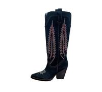 FGUJSUR Primavera otoño gamuza tacón alto grueso hasta la rodilla botas mujeres puntiagudas bordado decoración botines largos de vaquero(Black,36)