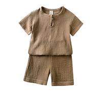 FGUUTYM Niño Bebé Niño Niña Sólido Jersey Manga Corta Algodón Lino Sudadera Camiseta Cuello Redondo Tops Pantalones Cortos Conjunto Ropa Ratón Disfraz Niño, marrón, 2-3 años
