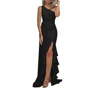 FGUUTYM Vestido de noche formal con volantes y un hombro descubierto para mujer, vestidos largos ajustados para mujer, Negro, L