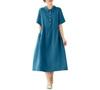 FGVFCS Vestidos de algodón para mujer, vestido camisero de manga corta con bolsillos, ajuste holgado, cuello en V, botones, cuello de solapa, vestido midi elegante para cóctel, fiesta, vacaciones