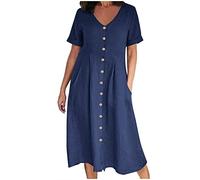 FGVFCS Vestidos de lino para mujer, vestidos midi de manga corta con bolsillos, cuello en V, con botones, ajuste holgado, elegante vestido de cóctel, vestido de fiesta, bohemio, vacaciones, playa