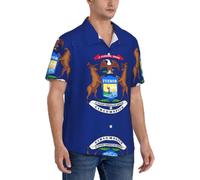 Fgwaauh Camisa hawaiana con la bandera del estado de Michigan para hombre, para verano, playa, casual, manga corta, con botones, camisas de vacaciones, Negro, M