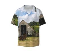 Fgwaauh Camisa hawaiana de manga corta con estampado de granero de madera vieja con tractor oxidado, para verano, playa, con bolsillo, Negro, S