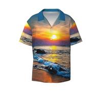 Fgwaauh Last Sun Rays of Over The Sea Waves - Camisa hawaiana para hombre, manga corta, con botones, estampada, para verano, playa, con bolsillo, Negro, S