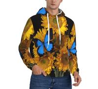 Fgwaauh Sudadera con capucha para hombre, diseño de girasoles amarillos con mariposas azules, forro grueso, bolsillo canguro, para invierno, resistente al viento, cálida, sudadera atlética, Negro, M