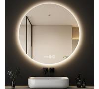 FGXHHS Espejo de tocador Redondo para baño, Espejo de Maquillaje LED de Pared con película antivaho, atenuación de 3 Colores, retroiluminación irrompible, Pantalla de Hora y Temperatura.