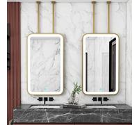 FGXHHS Espejo Rectangular Dorado con LED para tocador de baño, Espejos de Pared con Marco de Metal y Barra para Colgar en el Techo, Espejos flotantes suspendidos para decoración del hogar