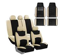 FH GROUP FH-FB030115 - Juego de Fundas de Asiento de Tela Ligera y Fresca, Listas para Bolsa de Aire y separación, con Alfombrillas de Primera Calidad, Color Beige/Negro, se Adapta a la mayoría de