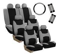 FH Group Juego de 3 Filas de 7 plazas Ligeras y Frescas Fundas de Asiento de Coche de Tela Plana, Combo de Funda para Volante y Almohadillas para cinturón de Seguridad, Bolsa de Aire y Parte Trasera