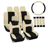 FH Group Juego de Fundas de Asiento para automóvil, Universal, con Funda para Volante y Almohadilla para cinturón de Seguridad (Compatible con airbag y Banco Dividido) FB030BEIGEBLACK115-COMBO
