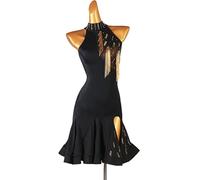 FHDCNUY Vestido De Baile Latino De Salsa para Mujer Vestidos De Fiesta De Tango con Flecos Hechos A Mano Traje De Rendimiento De Cristales De Cuello Alto Trajes De Baile Cha Cha,Negro,3XL