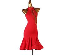 FHDCNUY Vestido De Baile Latino De Salsa para Mujer Vestidos De Fiesta De Tango con Flecos Hechos A Mano Traje De Rendimiento De Cristales De Cuello Alto Trajes De Baile Cha Cha,Rojo,XL