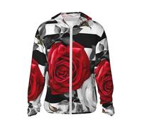 FHEBNDS Chaqueta con capucha para hombre, con protección solar UPF 50+, cremallera completa, manga larga, rayas blancas y negras, rosas rojas, flores, Negro -, X-Large