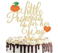 FHGG Decoración para tartas con texto en inglés "A Little Pumpkin is on Her Way", decoración de pastel con purpurina dorada, calabaza, Halloween, octubre, baby shower, para fiesta de Acción de Gracias
