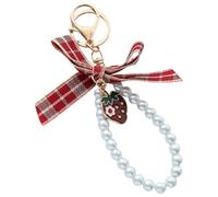 FHGSPQWM Bonito llavero de fresa con lazos, perlas de imitación, lazos, anillos de coche, accesorios, llavero de perlas de imitación, Hebilla de langosta
