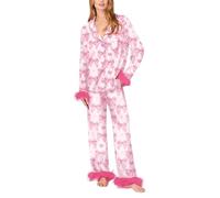 FHGSPQWM Conjunto de pijama de seda para mujer con diseño de corazón y lazo, camiseta de manga larga y pantalones, ropa de dormir de satén de seda con lazo y corazón para mujer