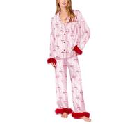 FHGSPQWM Conjunto de pijama de seda para mujer con diseño de corazón y lazo, camiseta de manga larga y pantalones, ropa de dormir de satén de seda con lazo y corazón para mujer