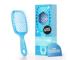 FHI Heat UNbrush - Mini cepillo desenredante para cepillar sin dolor en todo tipo de cabello húmedo o seco, cerdas antiestáticas Duoflex duraderas, mango ligero, mini cepillo de pelo ventilado, azul