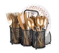 Fhioevt Porta Utensilios de Cocina Escurre Cubiertos de Cocina Redondo de Metal con Asa 3 Cesta Soporte Utensilios Cocina para Menaje Cucharas Cubiertos (Negro)