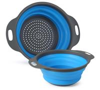 FHISKUNYU Cesta de Frutas Plegable con Escurridor Ajustable, 2 en 1 para Cocina, Juego de 2 Bandejas Plásticas Azules para Lavar y Almacenar Frutas/Verduras