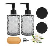 FHISKUNYU Dispensador de Jabón de Cristal Reutilizable 330 ml, Juego de 2 con Bomba de Acero Inoxidable y Posavasos Antideslizantes, Botellas para Baño, Cocina y Oficina