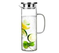 FHISKUNYU Jarra de Agua en Cristal Borosilicato 1,5L - Jarra con Tapa Termorresistente (-20°C a +150°C), Asa de Acero Inoxidable y Diseño Minimalista