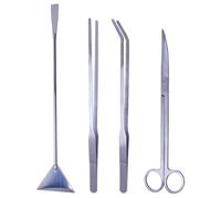 FHISKUNYU Kit Profesional 4 en 1 para Acuario Plateado - Tijeras Curvas, Pinzas, Espátula y Raspador de Acero Inoxidable para Mantenimiento de Plantas Acuáticas (Dulce/Salada)