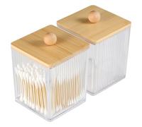 FHISKUNYU Organizador de Baño Acrílico Transparente con Tapa de Bambú - 2 Unidades, Dispensador para Bastoncillos de Algodón, Discos Desmaquillantes, Cosméticos y Accesorios Pequeños