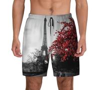 FHIZOAL Gris París Torre Eiffel Paisaje Urbano Flor Roja Bañador Hombre Verano Playa Troncos con Bolsillos Casual Surf Caminar Senderismo Hawaiano, Negro, XL