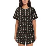 FHIZOAL Italian Silhouette - Pijama de manga corta para mujer, cuello redondo, pantalones cortos, con bolsillos, informal, a la moda, Negro, L