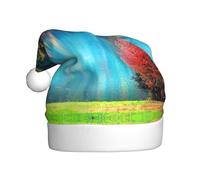 FHIZOAL Sombrero decorativo de Navidad para adultos, diseño de árboles coloridos, lago, río, estanque, sombrero de felpa festivo, suave, ligero, fiesta de Año Nuevo, vacaciones