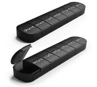 FHORAIN Organizador semanal grande de pastillas, paquete de 2 pastilleros de 7 días con etiquetas grabadas, resistente a la decoloración, tapas translúcidas sin BPA (negro y negro)