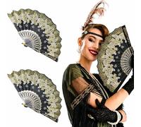 FHUZRE 2 Piezas Abanico con Motivo de Mariposas Accesorios Años 20 Mujer Set, Complementos Disfraz Abanicos Negros Dorado Charleston Años 20 Gatsby Mujer Elegantes Personalizado