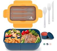 Fiambrera,1250ml Lunch Box caja bento a prueba de fugas para niños adultos,recipiente para alimentos con 3 compartimentos y juego de cubiertos,lonchera comidas aptos para microondas y lavavajilla