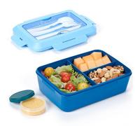 Fiambrera 1300 ml para Niños y Adultos, Bento Box Hermética con 3 Compartimentos y Cubiertos, Lunch Box para Escuela y Oficina, Apta para Microondas y Lavavajillas, Azul
