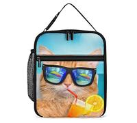 Fiambrera aislada para gatos con gafas de sol, reutilizable, portátil, con bolsillo lateral, fondo marino, playa de verano, pequeña bolsa térmica para comida, para hombres y mujeres, trabajo