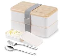 Fiambrera bento box original Lunch Box Lunchbox Caja de Almuerzo contenedor Bundle Divider Estilo japonés a con acero inoxidable Utensilios cuchara y tenedor (blanco)