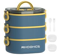 Fiambrera, Contenedores Apilables de 3 Capas, Caja Bento a Prueba de Fugas de Gran Capacidad de 2800 ml con Cajas de Cuchara, Tenedor y Salsa, Apta para Microondas para Niños y Adultos