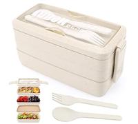 Fiambrera de 3 capas, caja Bento 4 en 1 con tenedor y cuchara, caja de almacenamiento de alimentos de 1000 ml para hombres, mujeres, estudiantes, microondas, lavavajillas, apta disponible (Beige)