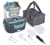 Fiambrera Electrica 4 en 1 12V/24V/220V~240V Calentador de Comida Portatil con Termo para Coche Camión y Trabajo 1.5L 60W en Acero Inoxidable con Tartera Bolsa Térmica y Juego de Cubiertos