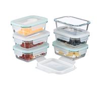 Relaxdays Fiambreras de Cristal con Tapa, Set de 6, 370 ml, Recipientes Herméticos, Cierre de Plástico, Transparente
