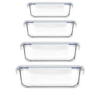 Fiambreras de Vidrio Borosilicato, 4 Piezas, 370 ml, 640 ml, 1 l, 1,5 l, Herméticas, Aptas para Microondas, Horno, Congelador, Lavavajillas, Tapa Plástico y Silicona. Set de 4 Recipientes - Tuppers.