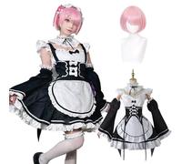 Fiamll Anime Ram Cosplay Disfraz Re Life In A Different World From Zero Maid Vestido Uniforme Completo Set Carnaval Dress Up Traje con Peluca para Mujeres Niñas XL