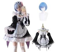 Fiamll Anime Ram Rem Cosplay Disfraz Emilia Outfit Re Life In A Different World From Zero Maid Vestido Uniforme Completo Set Carnaval Dress Up Traje con Peluca para Mujeres Niñas, Blue-rem, M