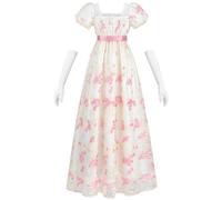 Fiamll Vestido de mujer estilo imperio con cintura imperio, vestido de baile de la Regencia, vestidos para mujer Cottagecore Renacentista con guantes de disfraz, Rosa., M