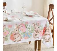 FIBORIA Mantel de Pascua 240x140 cm Rectangular Diseño de Conejo y Cuadros de Colores Mantel Lavable Exterior Repelente al Agua Elegante Tablecloth para Mesa de Jardín Primavera,Cumpleaños,Camping