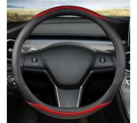 Fibra De Carbono + Accesorios Cuero Protector para Volante Coche Embellecedor Antideslizante para Tesla para Modelo 3 2016 2018 2019 2020 Fácil de Instalar(Rojo)